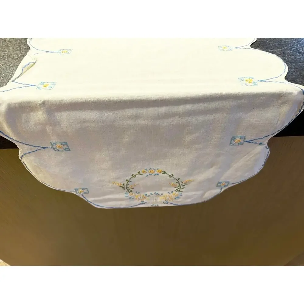 Vintage White Linen Table Runner Hand Embroidered Blue Yellow Floral Wreath